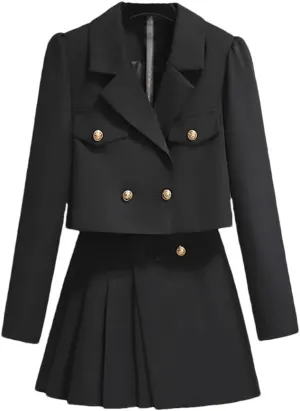 Women's Notched Metal Buttons Blazer Short Jacket Coat   Mini Pleated Skirt Two Pieces Outfits