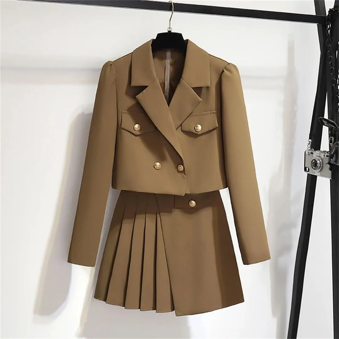 Women's Notched Metal Buttons Blazer Short Jacket Coat   Mini Pleated Skirt Two Pieces Outfits