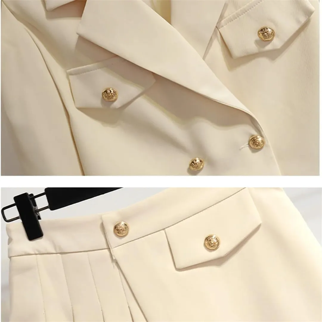 Women's Notched Metal Buttons Blazer Short Jacket Coat   Mini Pleated Skirt Two Pieces Outfits