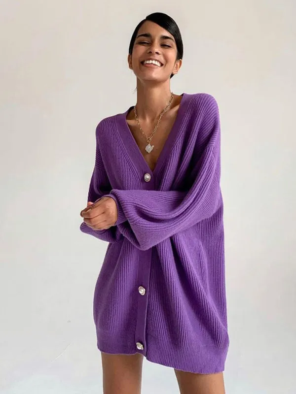 Women's Oversized Baggy Fit Ribbed Button Up Cardigan Sleeves