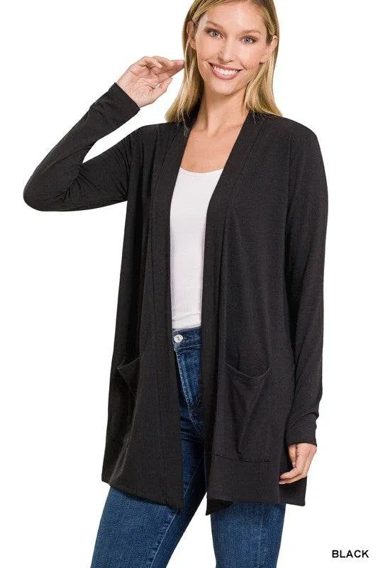 Zenana Casual Slouchy Pocket Open Neckline Cardigan