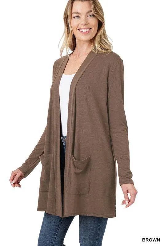 Zenana Casual Slouchy Pocket Open Neckline Cardigan