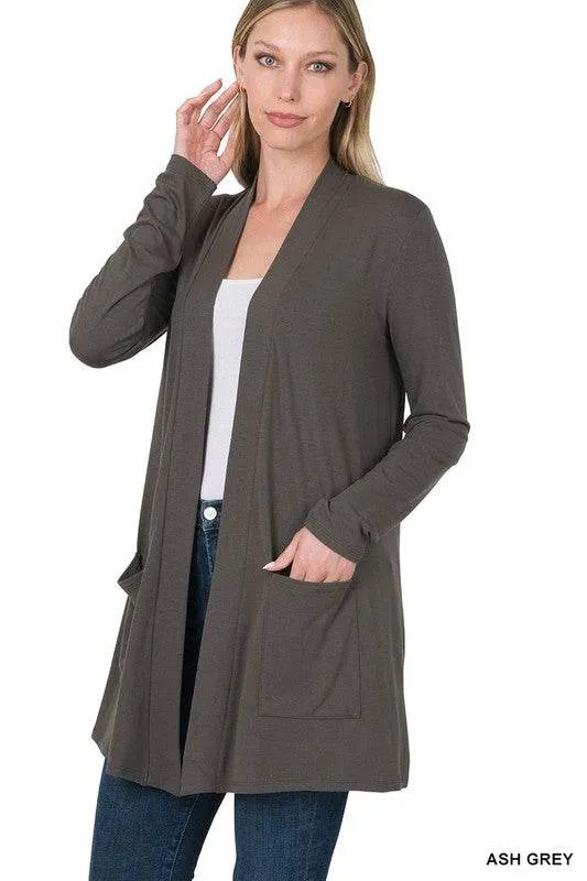 Zenana Casual Slouchy Pocket Open Neckline Cardigan